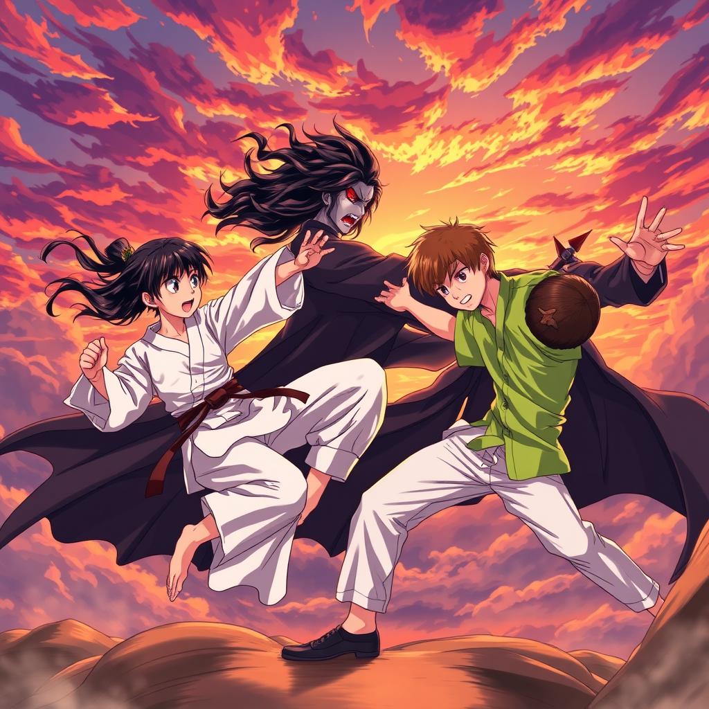 An anime-style illustration depicting a fierce battle in the sky at sunset