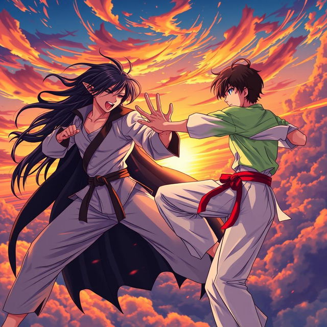 An anime-style illustration depicting a fierce battle in the sky at sunset