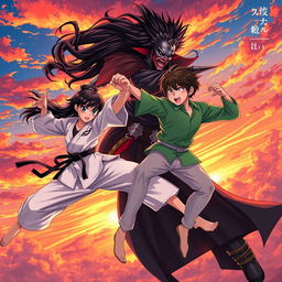 An anime-style illustration depicting a fierce battle in the sky at sunset