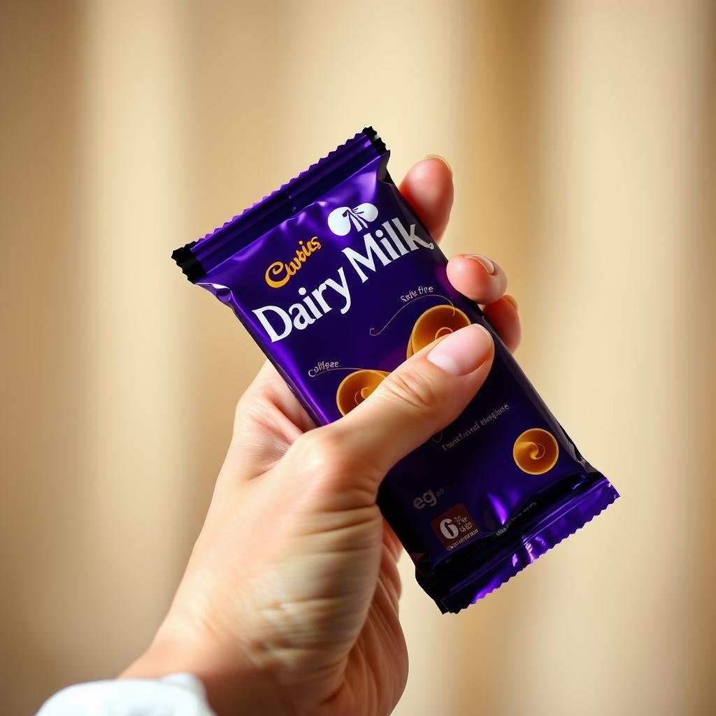 A close-up of a hand gently holding a Dairy Milk chocolate bar