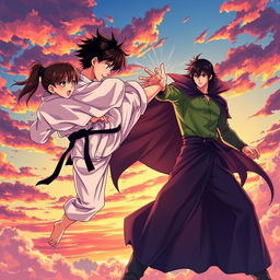 An action-packed anime-style scene depicting a karate girl and a teenage boy wearing a bright green shirt and light pants, engaged in an intense battle against a vampire king teenager in the sky during sunset