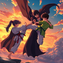 An action-packed anime-style scene depicting a karate girl and a teenage boy wearing a bright green shirt and light pants, engaged in an intense battle against a vampire king teenager in the sky during sunset