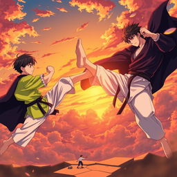 An action-packed anime-style scene depicting a karate girl and a teenage boy wearing a bright green shirt and light pants, engaged in an intense battle against a vampire king teenager in the sky during sunset
