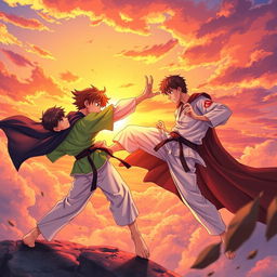An action-packed anime-style scene depicting a karate girl and a teenage boy wearing a bright green shirt and light pants, engaged in an intense battle against a vampire king teenager in the sky during sunset