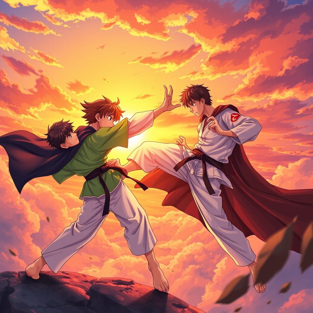 An action-packed anime-style scene depicting a karate girl and a teenage boy wearing a bright green shirt and light pants, engaged in an intense battle against a vampire king teenager in the sky during sunset