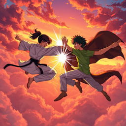 An epic anime-style scene showcasing a fierce battle in the sky during sunset