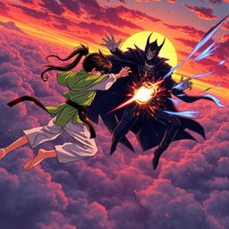 An epic anime-style scene showcasing a fierce battle in the sky during sunset