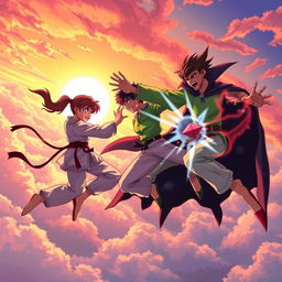 An epic anime-style scene showcasing a fierce battle in the sky during sunset