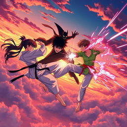 An epic anime-style scene showcasing a fierce battle in the sky during sunset