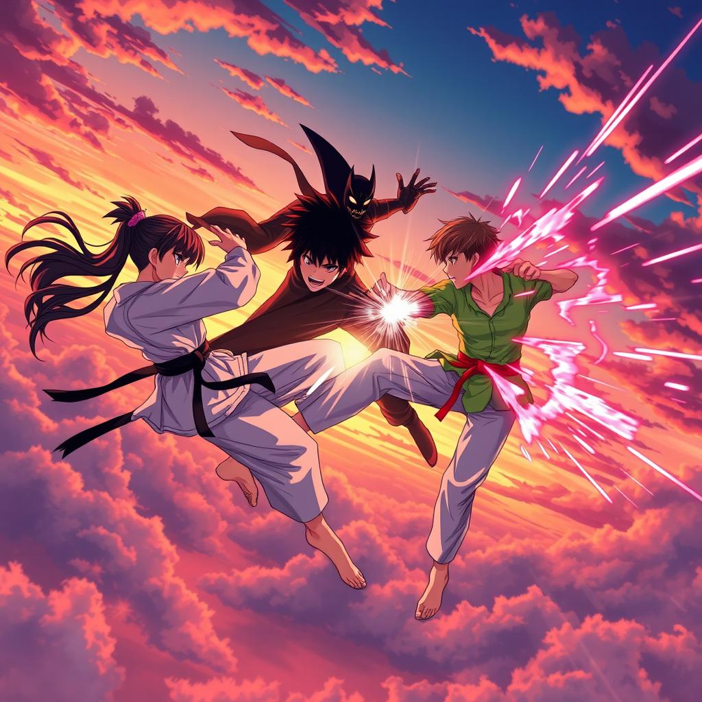 An epic anime-style scene showcasing a fierce battle in the sky during sunset