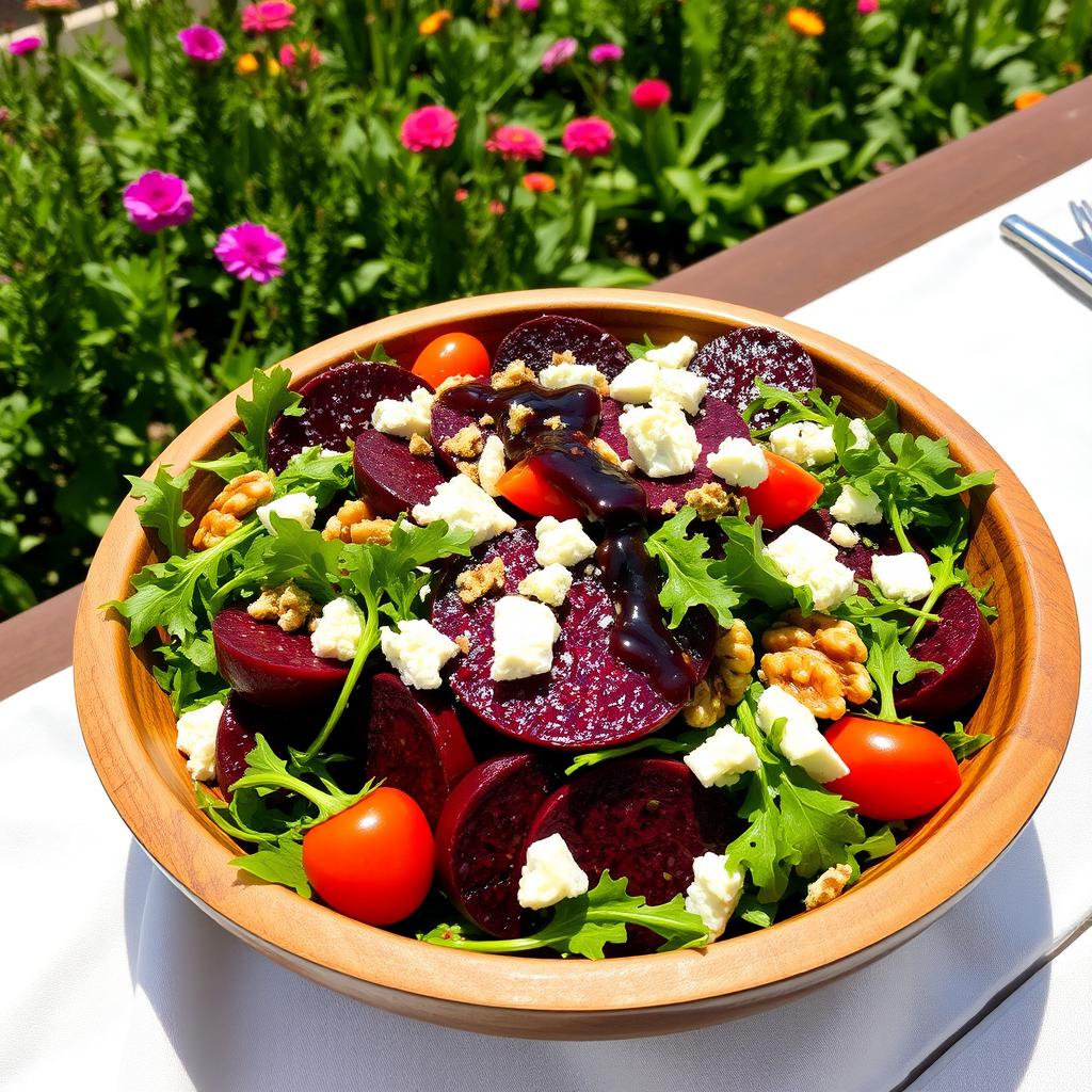 A vibrant, colorful beet salad served in a rustic wooden bowl
