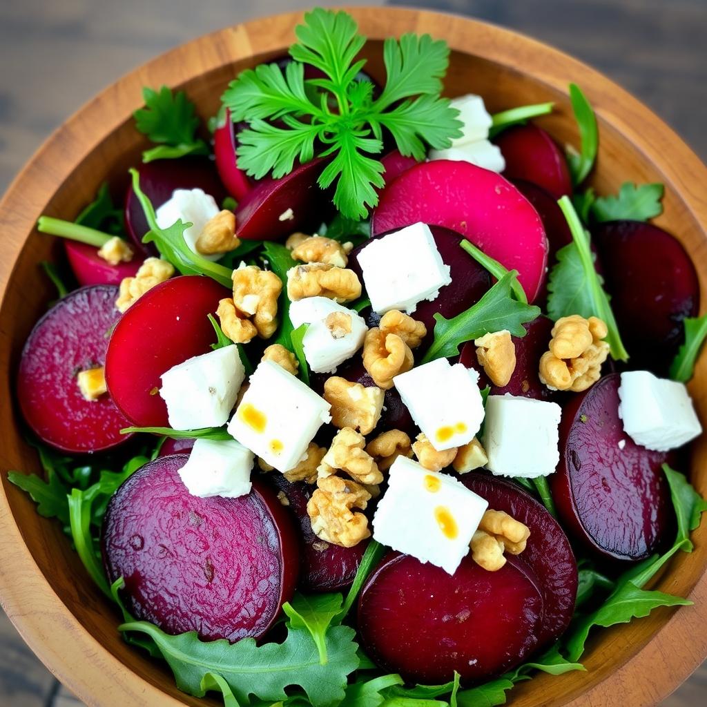 A vibrant and colorful beetroot salad, featuring freshly sliced beetroots in various shades of red and purple, mixed with crisp green arugula and delicate pieces of feta cheese