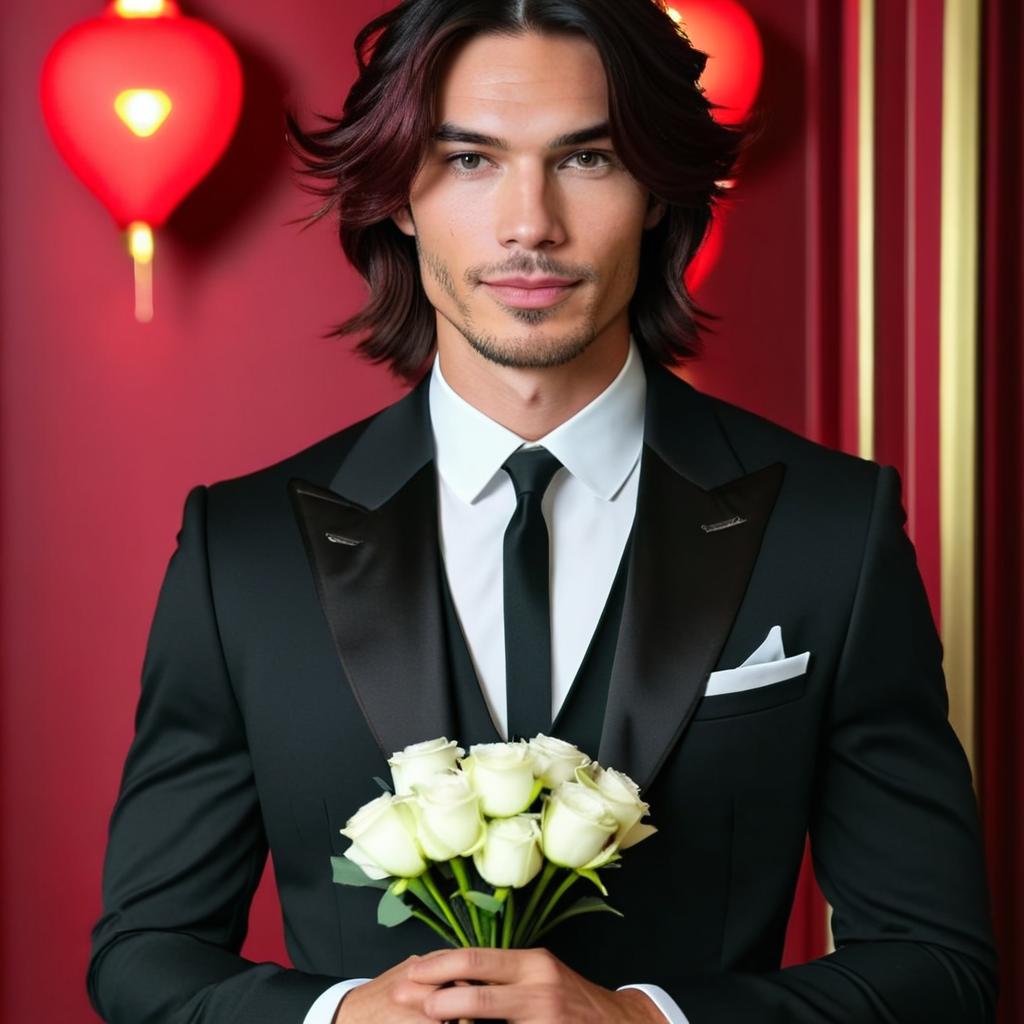 Stylish Elegance: A Man in Black Suit with Roses