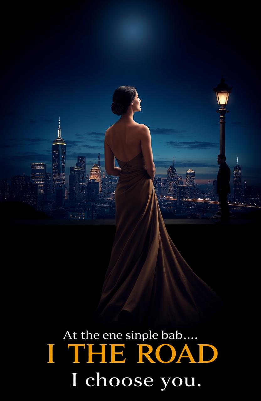 A stunning poster featuring an elegant woman in a flowing, sophisticated gown gazing into the distance towards a city skyline at dusk
