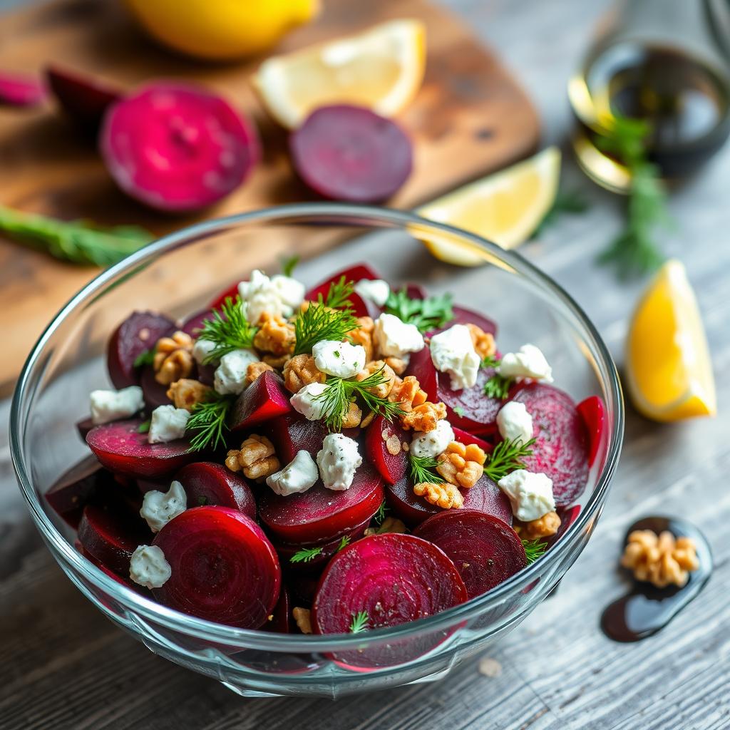 A beautifully arranged professional beet salad, featuring vibrant purple and red beets sliced in various shapes, garnished with sprigs of fresh herbs like dill and parsley