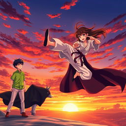 A dynamic anime-style scene capturing the intense moment of a karate girl executing a powerful kick in mid-air