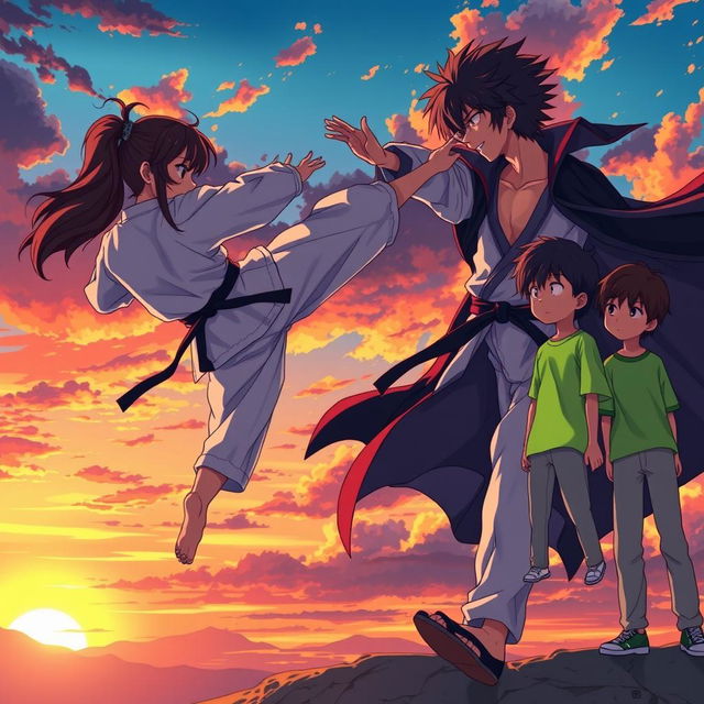 A dynamic anime-style scene capturing the intense moment of a karate girl executing a powerful kick in mid-air