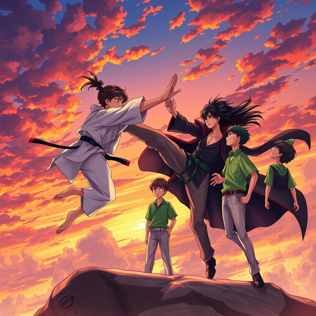 A dynamic anime-style scene capturing the intense moment of a karate girl executing a powerful kick in mid-air