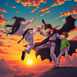 A dynamic anime-style scene capturing the intense moment of a karate girl executing a powerful kick in mid-air