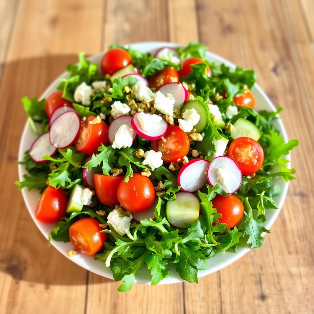 A beautiful arugula salad, vibrant and fresh, featuring an array of colorful ingredients like cherry tomatoes, cucumbers, and thinly sliced radishes