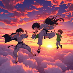 An exhilarating anime-style scene capturing a dramatic battle in the sky during sunset