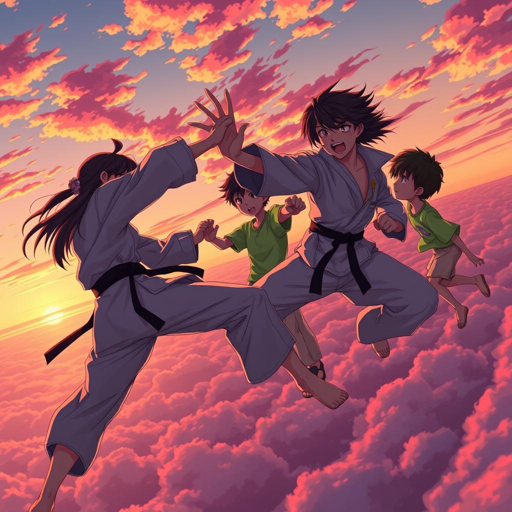 An exhilarating anime-style scene capturing a dramatic battle in the sky during sunset