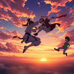 An exhilarating anime-style scene capturing a dramatic battle in the sky during sunset