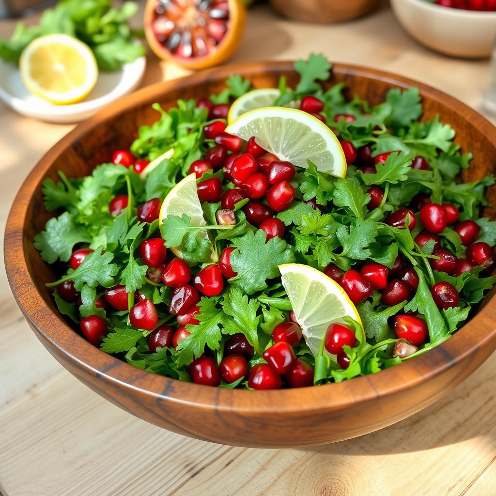 A vibrant and colorful salad featuring fresh arugula (rocket) leaves combined with juicy pomegranate seeds