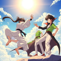 An exhilarating anime-style scene depicting an action-packed battle high in the sky under a bright sun