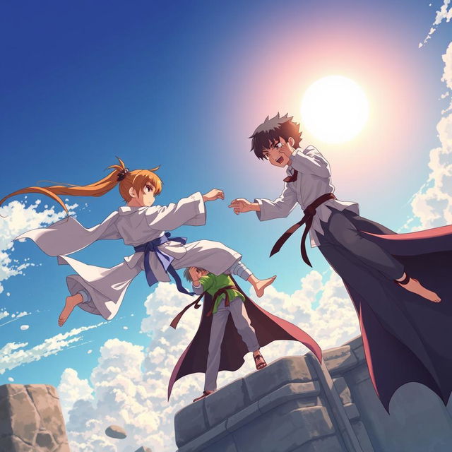 An exhilarating anime-style scene depicting an action-packed battle high in the sky under a bright sun