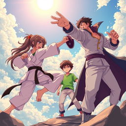 An exhilarating anime-style scene depicting an action-packed battle high in the sky under a bright sun