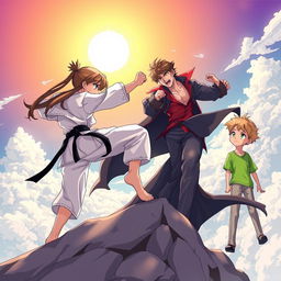 An exhilarating anime-style scene depicting an action-packed battle high in the sky under a bright sun