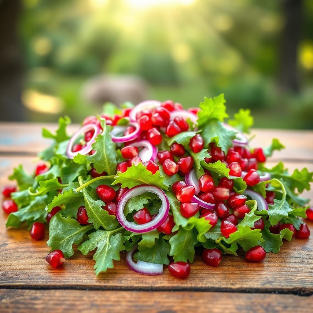 A vibrant and fresh arugula salad topped with pomegranate seeds, beautifully arranged on a rustic wooden table
