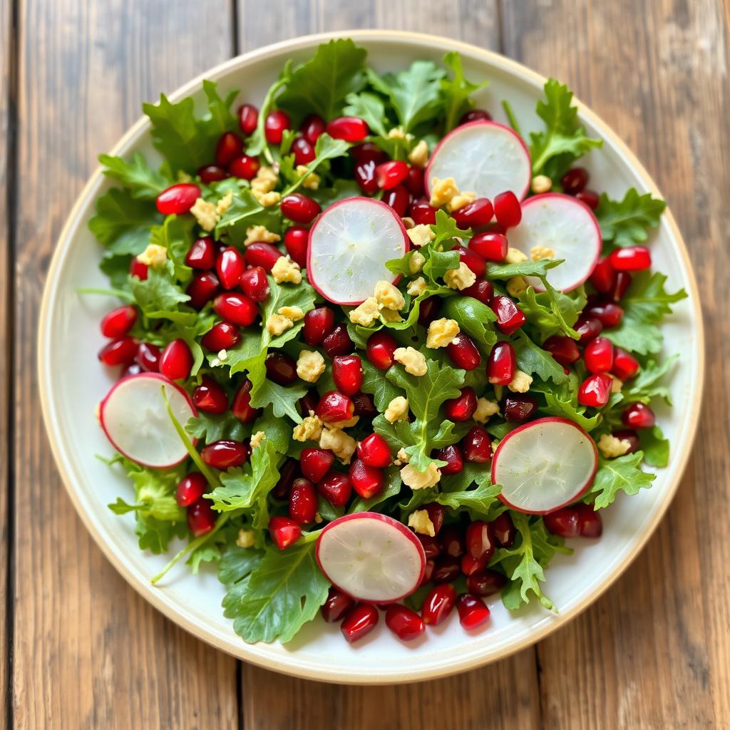 A vibrant and fresh salad featuring arugula leaves, sprinkled with pomegranate seeds, dressed with a light vinaigrette