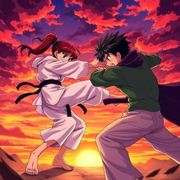 A dynamic scene featuring a fierce anime karate girl and a boy wearing a green shirt and light pants engaged in a martial arts battle against a vampire boy