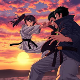 A dynamic scene featuring a fierce anime karate girl and a boy wearing a green shirt and light pants engaged in a martial arts battle against a vampire boy