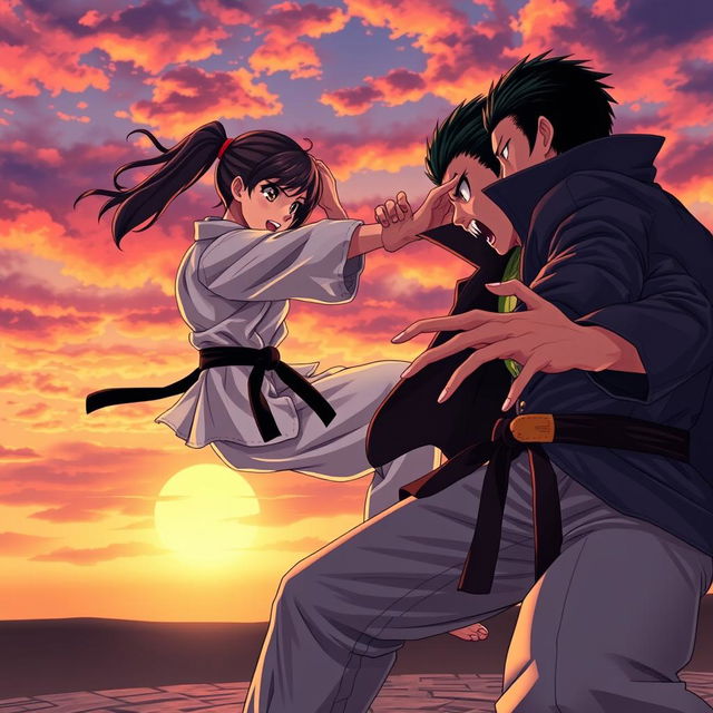 A dynamic scene featuring a fierce anime karate girl and a boy wearing a green shirt and light pants engaged in a martial arts battle against a vampire boy