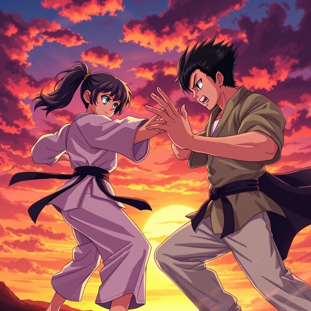 A dynamic scene featuring a fierce anime karate girl and a boy wearing a green shirt and light pants engaged in a martial arts battle against a vampire boy