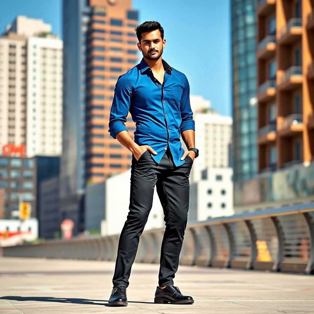 A fashionable adult male model posing confidently, wearing a sleek blue button-up shirt, black tailored trousers, and stylish shoes