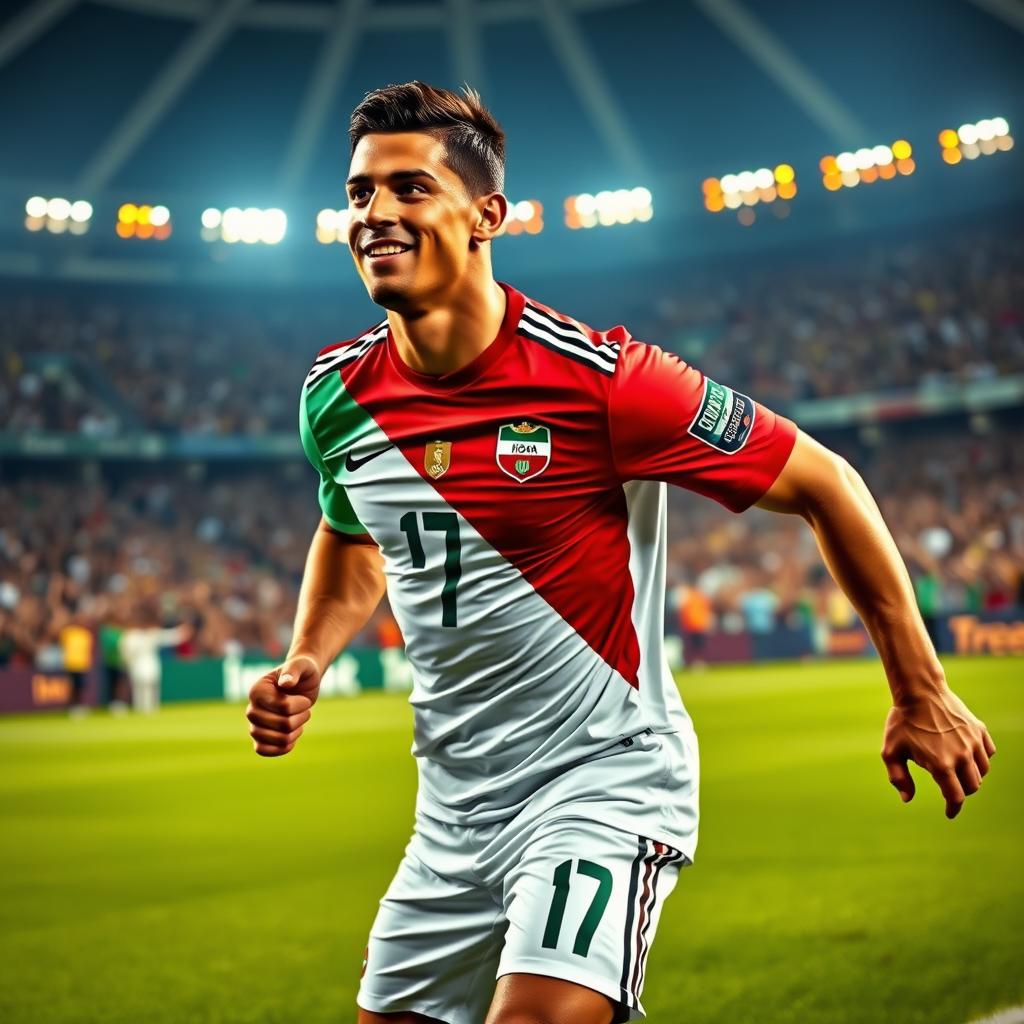 A dynamic image of a famous soccer player, Ronaldo, proudly wearing an Iran national football team jersey