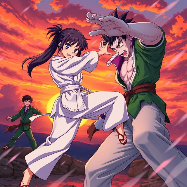 A thrilling scene featuring an anime karate girl and a boy in a green shirt and light pants battling a vampire in a dramatic sunset sky