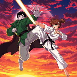 A thrilling scene featuring an anime karate girl and a boy in a green shirt and light pants battling a vampire in a dramatic sunset sky