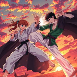 A thrilling scene featuring an anime karate girl and a boy in a green shirt and light pants battling a vampire in a dramatic sunset sky