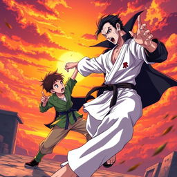 A thrilling scene featuring an anime karate girl and a boy in a green shirt and light pants battling a vampire in a dramatic sunset sky