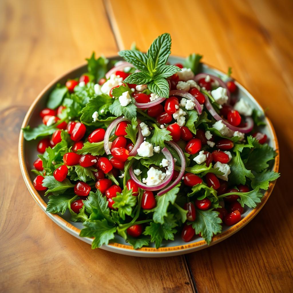 A gourmet arugula and pomegranate salad, beautifully plated on a rustic wooden table