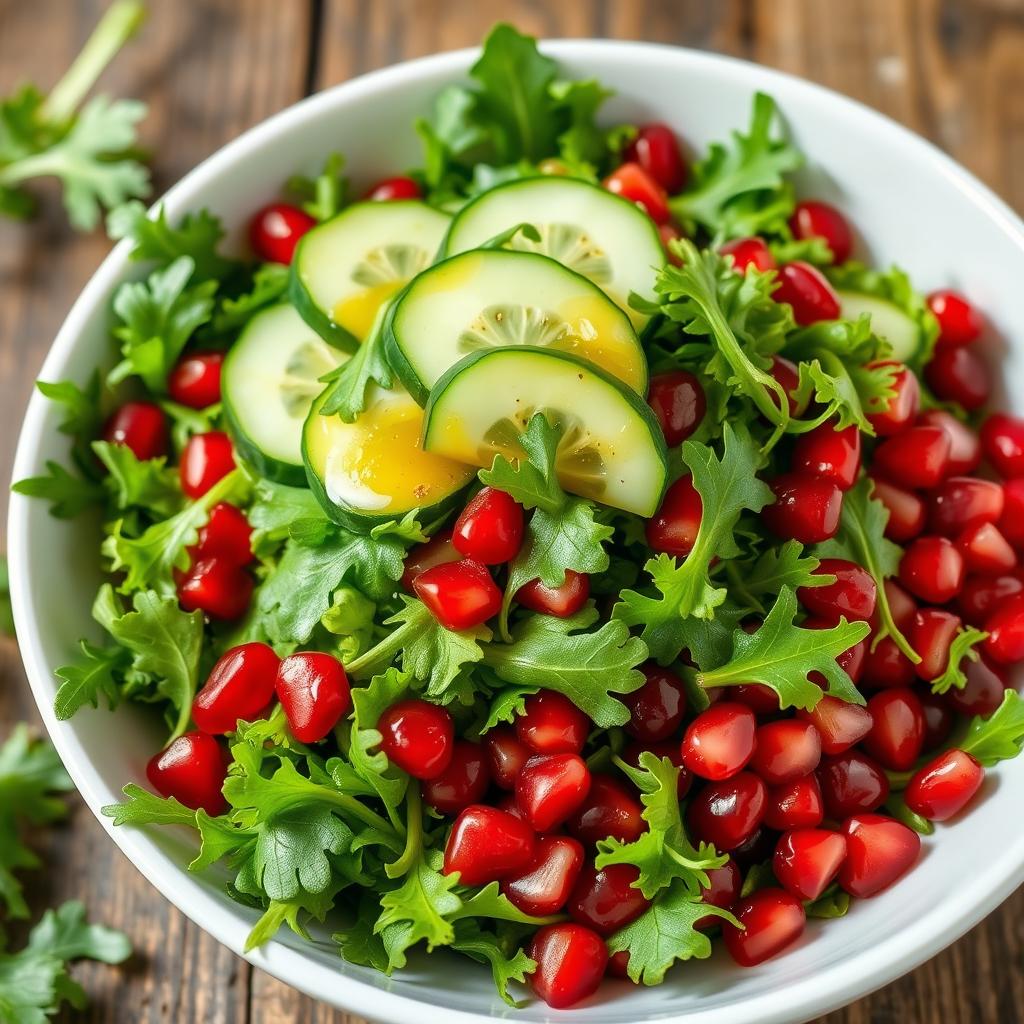 A delicious and beautifully arranged arugula salad with finely chopped arugula leaves and bright red pomegranate seeds