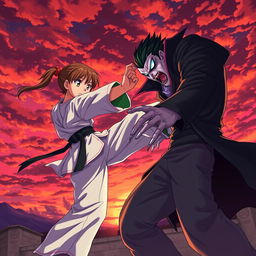 An intense and action-packed scene depicting an anime karate girl and a boy wearing a green shirt and light pants engaging in an epic showdown against a vampire