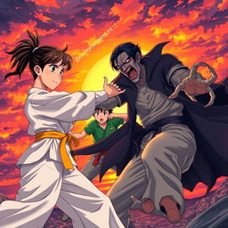 An intense and action-packed scene depicting an anime karate girl and a boy wearing a green shirt and light pants engaging in an epic showdown against a vampire