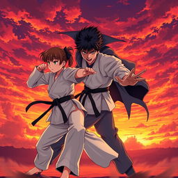 An intense and action-packed scene depicting an anime karate girl and a boy wearing a green shirt and light pants engaging in an epic showdown against a vampire