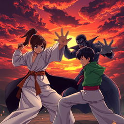 An intense and action-packed scene depicting an anime karate girl and a boy wearing a green shirt and light pants engaging in an epic showdown against a vampire